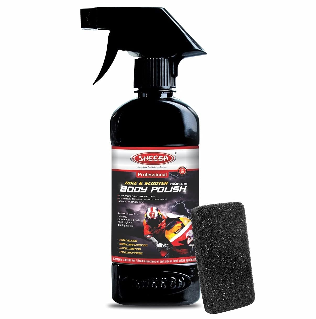 SHEEBA Bike & Scooter Complete Body Polish I High Gloss Shine I Easy Application I Long Lasting I Multipurpose Care for Painted, Plastic, Vinyl, Tyre, Helmet, Accessories – 200mL Pack.