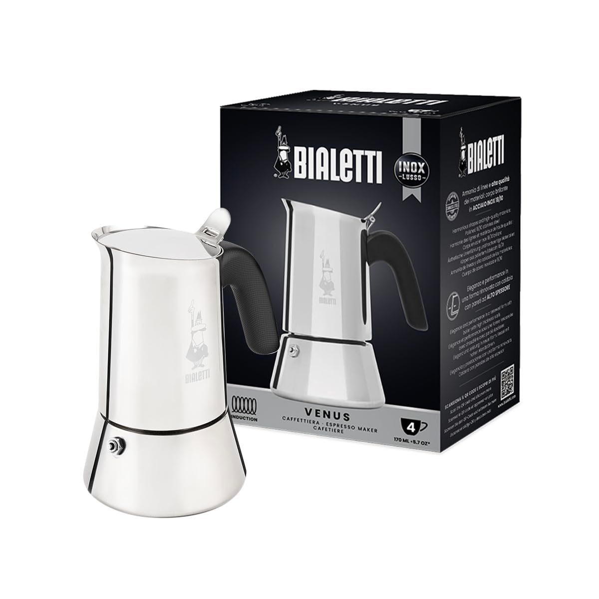 Bialetti Venus Induction Stainless Steel Moka Pot, 4 CUP Italian Espresso Coffee Maker, Premium Built Quality, Elegant Heat-Resistant Handle, Durable Food-Grade Steel Body, Authentic Espresso maker