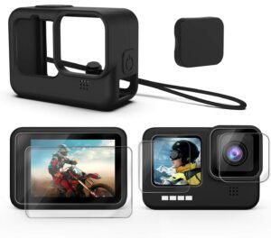 Yantralay Silicone Lanyard Sleeve Protective Cover + 6PCS Tempered Glass Screen Guard with Silicone Lens Cover Compatible with Hero12/11/10& 9 Black Action Camera Accessories