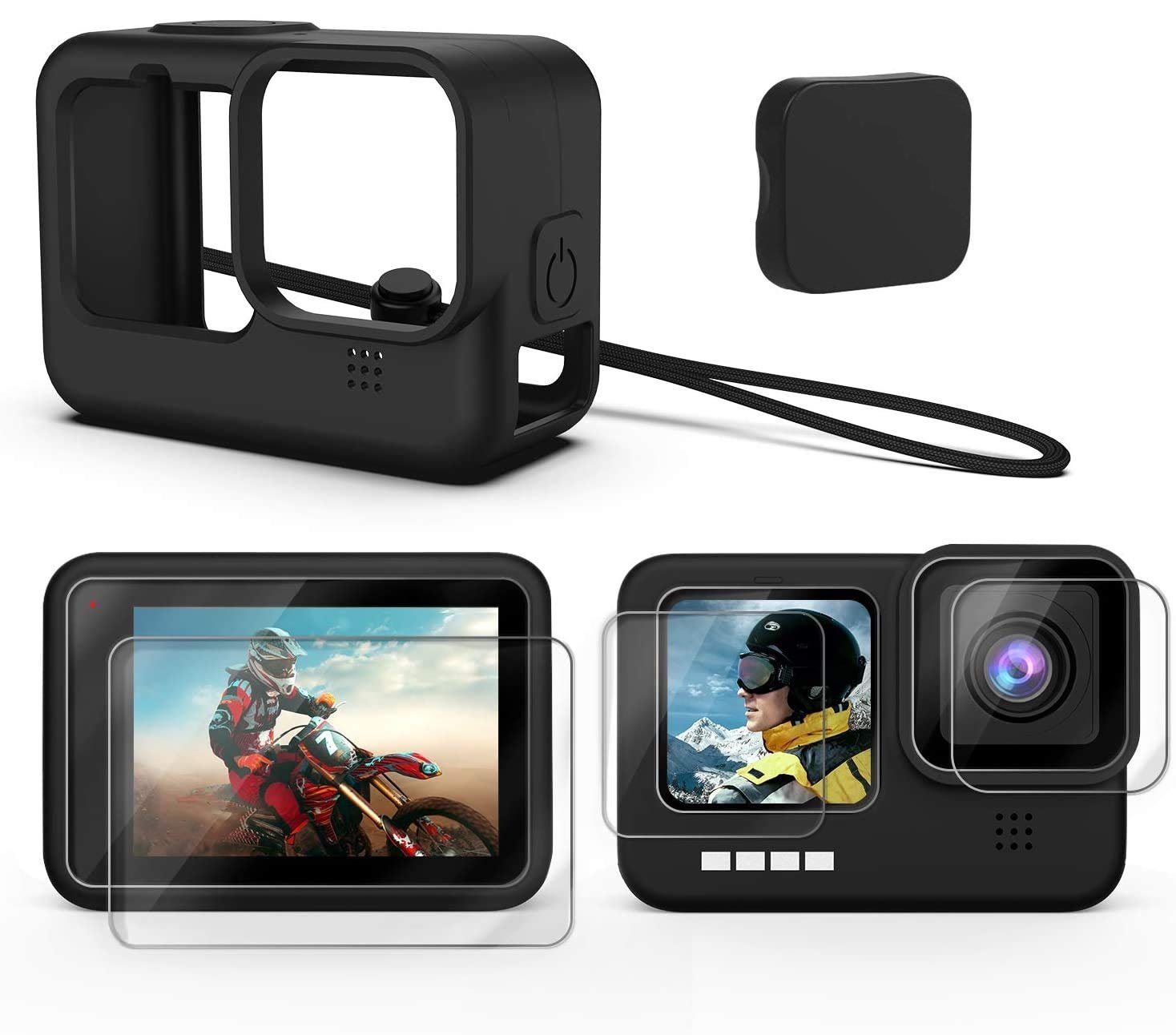 Yantralay Silicone Lanyard Sleeve Protective Cover + 6PCS Tempered Glass Screen Guard with Silicone Lens Cover Compatible with Hero12/11/10& 9 Black Action Camera Accessories