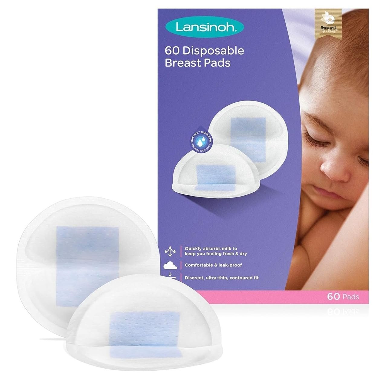 Lansinoh Disposable Nursing Breast Pads, Prevent Leakage, Ultra Thin and Discreet with Perfect Contoured Fit, Soft & Skin Friendly, Maximum Absorbency, Individually Wrapped for Convenience, 60 Count