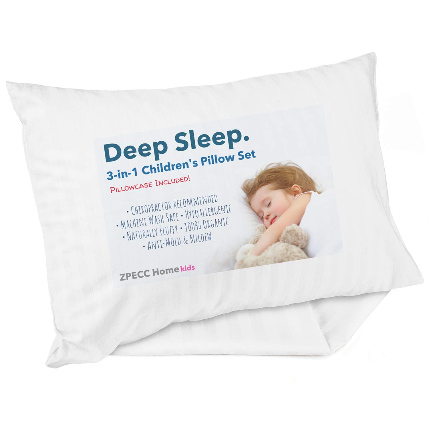 ZPECC Toddler Pillows with Pillowcase -Hypoallergenic Baby Pillow for Sleeping Napping 13”x18”, Machine Washable, Soft 100% Organic Cotton Kid Pillow Cover for Travel, Toddler Cot, Bed Set