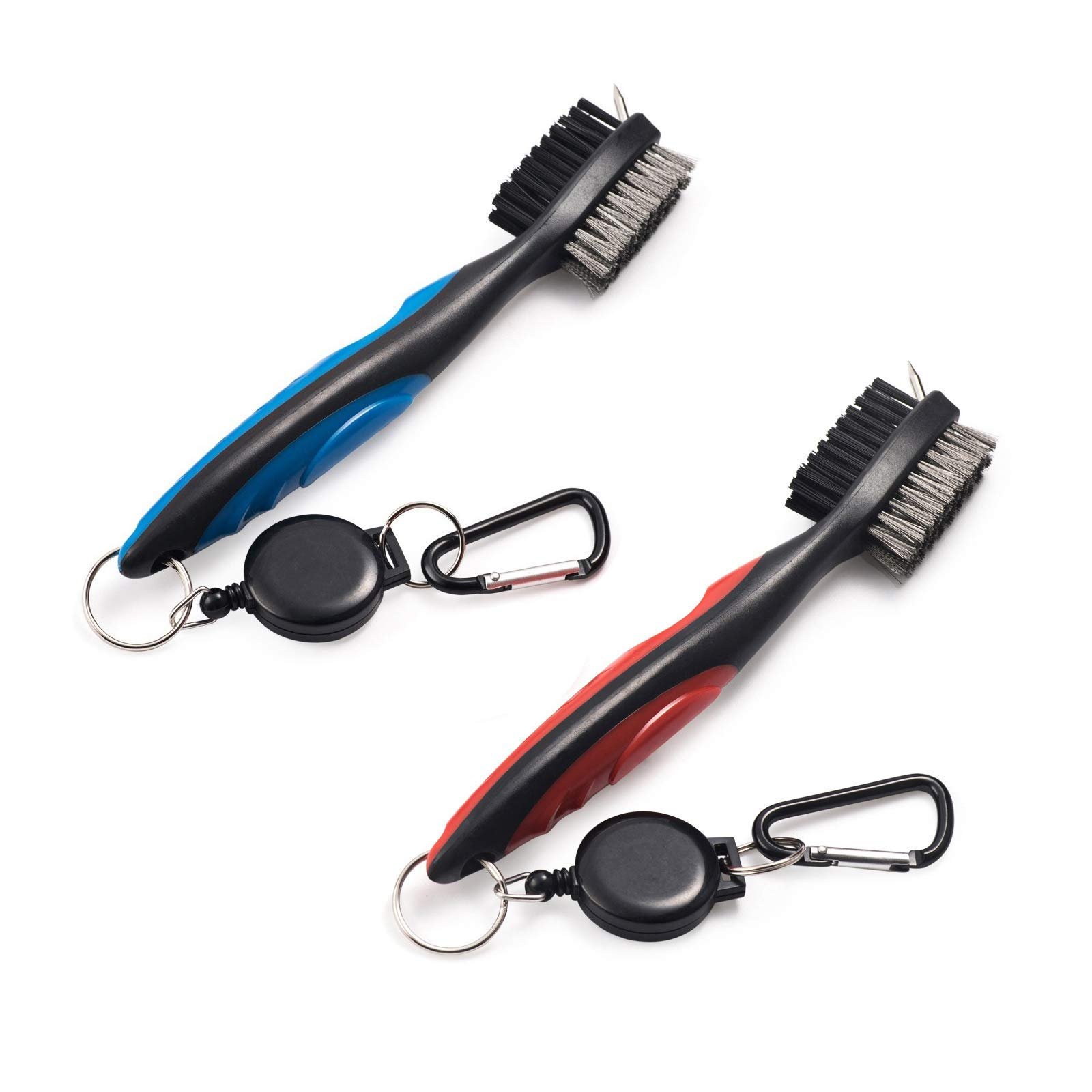 Pack of 2 Golf Club Brush Groove Cleaner With Retractable Zip-Line and Aluminum Carabiner Cleaning Tools