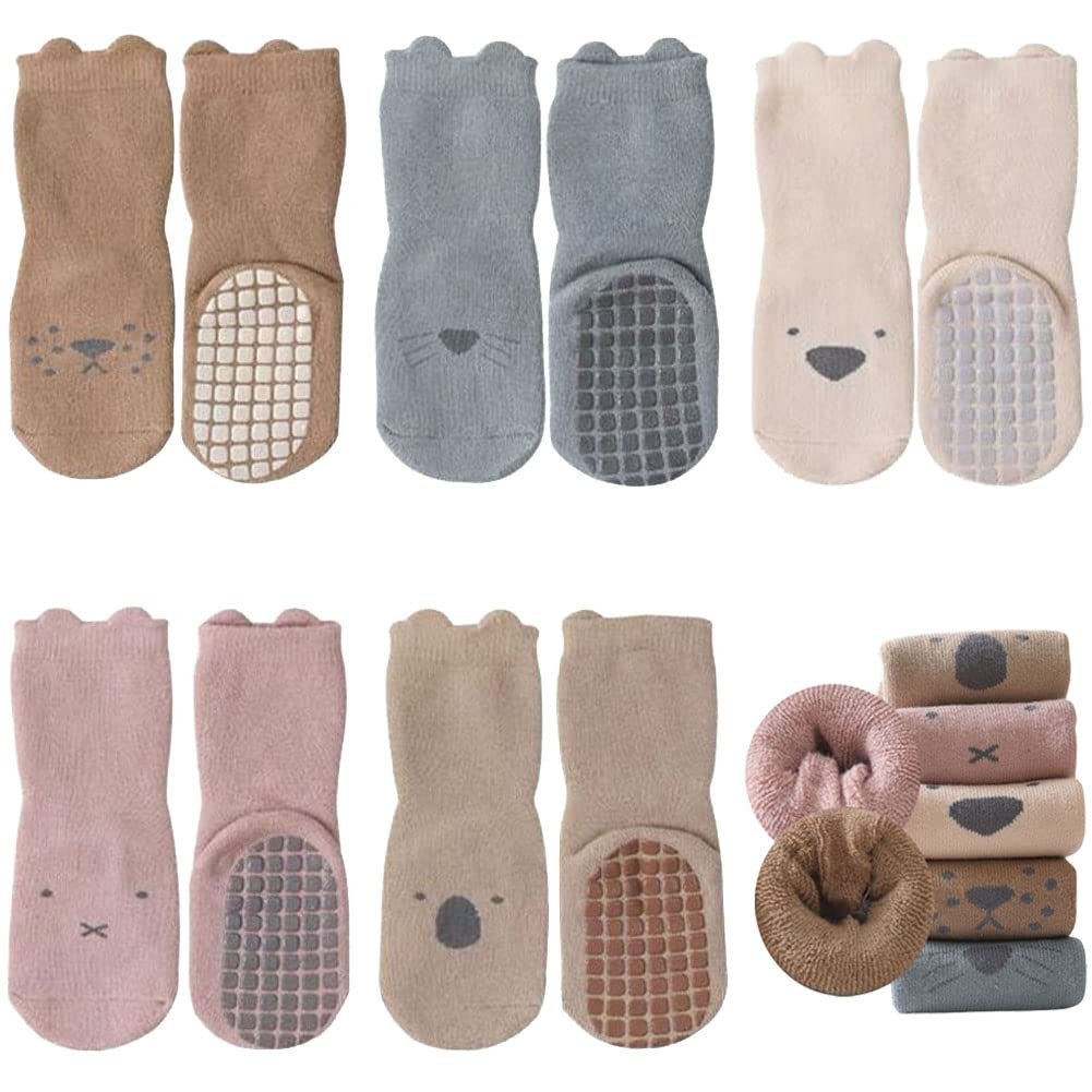 FedMois Pack of 5 Baby Toddler ABS Non-Slip Winter Socks Thick Thermal Socks Cotton