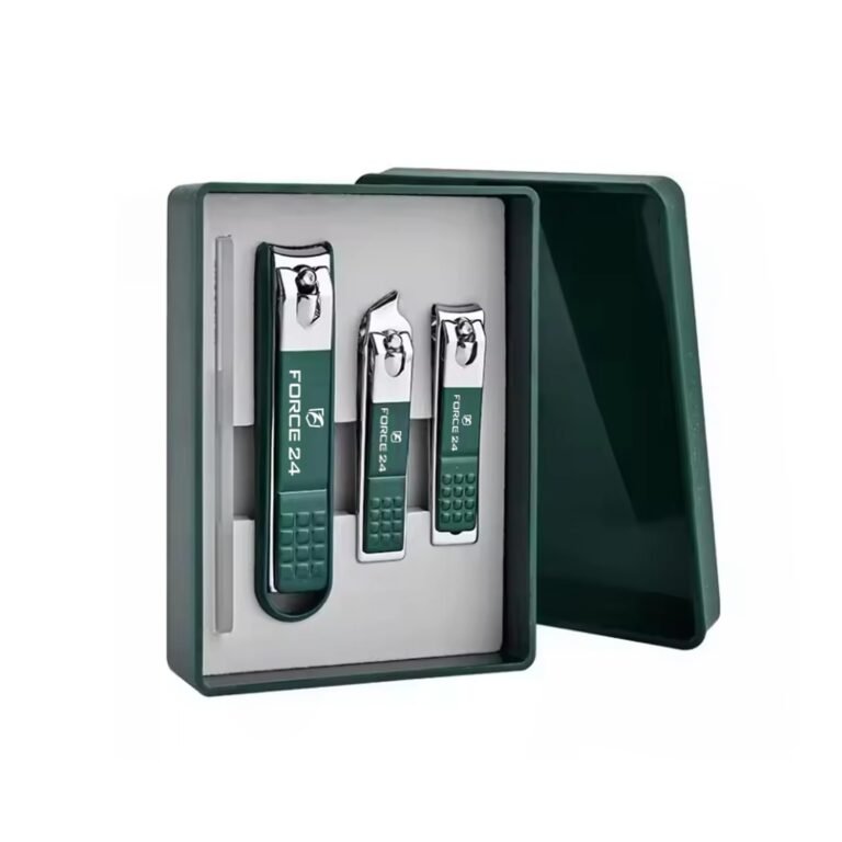 Force24 Nail Cutter Set with Glass File, Ultra Sharp Sturdy Fingernail and Toenail Clipper for Thick Nails, Stainless Steel, Green, 4 Pieces Set with Box