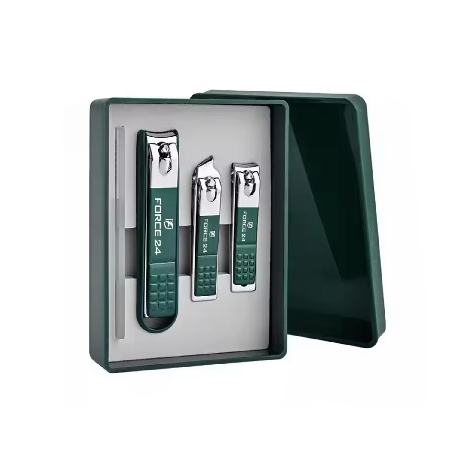 Force24 Nail Cutter Set with Glass File, Ultra Sharp Sturdy Fingernail and Toenail Clipper for Thick Nails, Stainless Steel, Green, 4 Pieces Set with Box