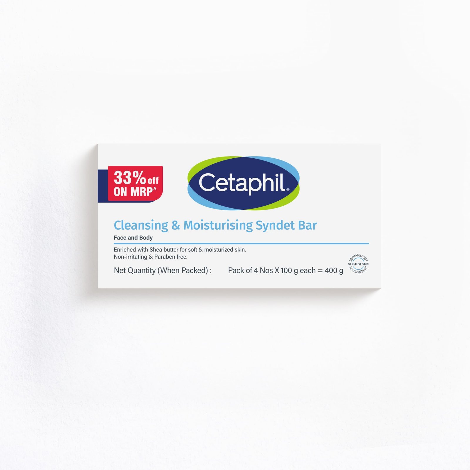 Cetaphil Cleansing Moisturizing Syndet Bar 4×100 gm – Gentle Soap-Free Syndet Cleansing Bar Pack with Shea Butter Blend, pH Balanced Moisturizing & Hydrating Formula for Sensitive & Dry Skin, Hypoallergenic & Non-Irritant Daily Cleanser for Face & Body