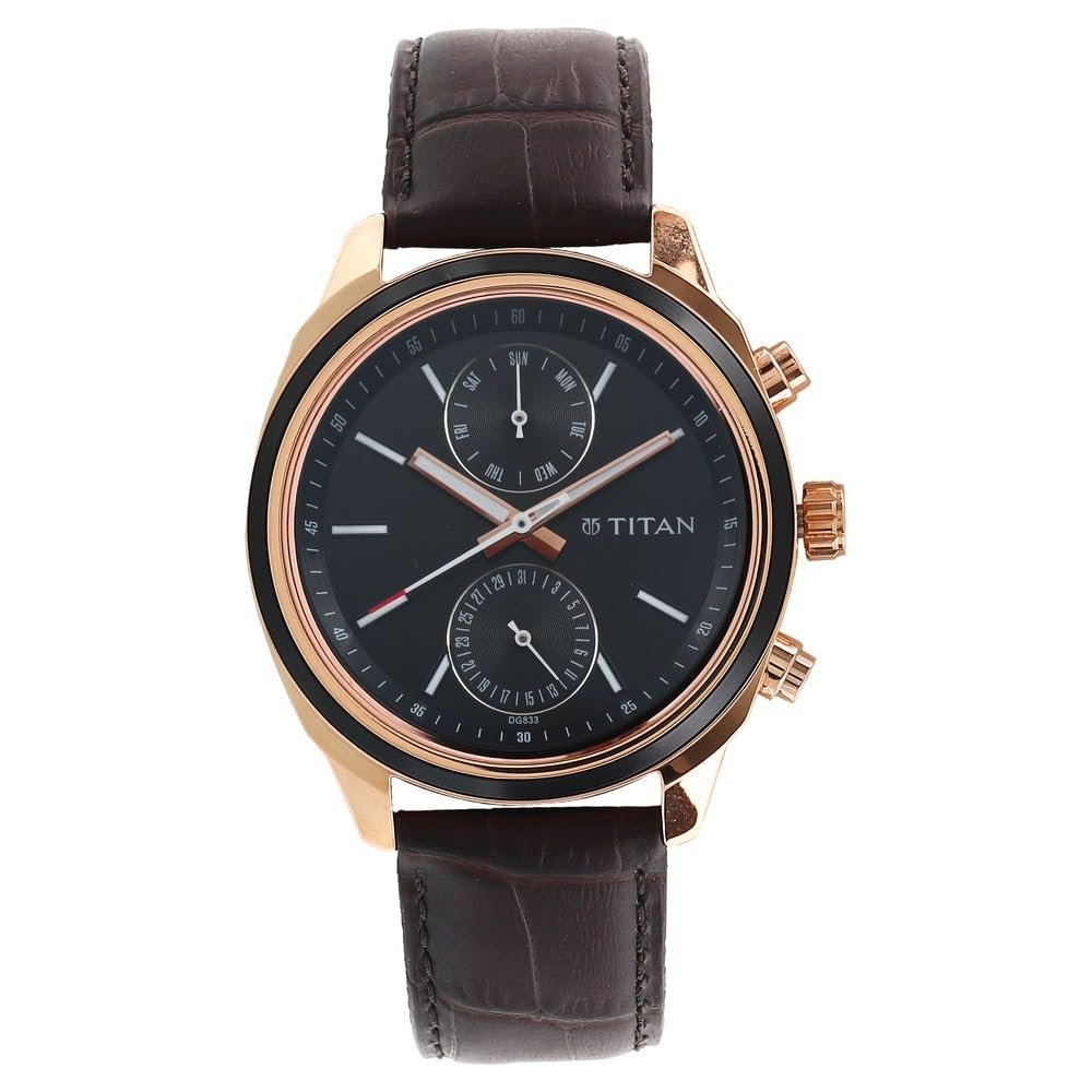Titan Workwear Quartz Multifunction Black Dial Brown Leather Strap Watch for Men – NT1733KL03