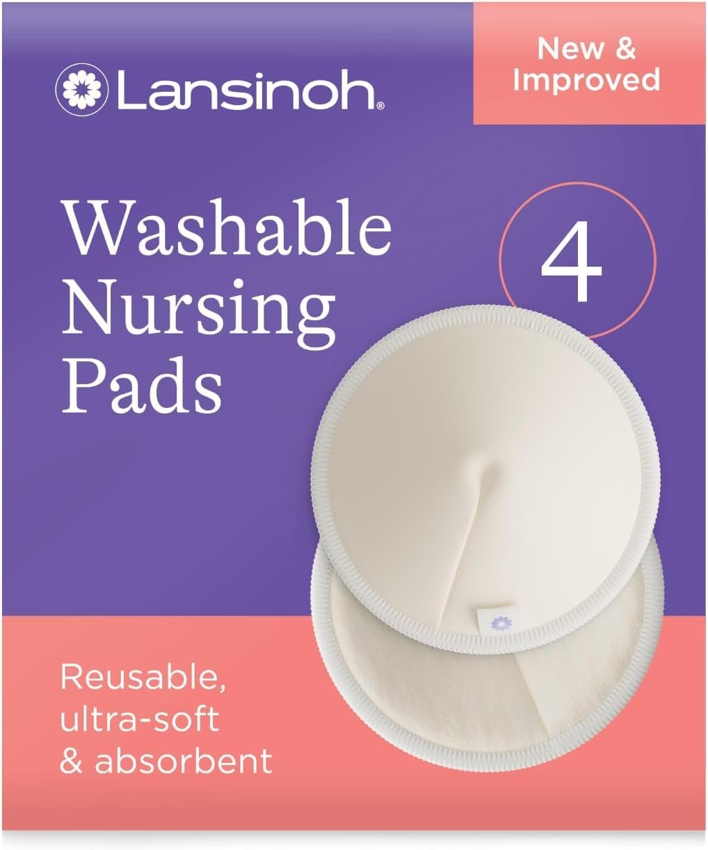 Lansinoh Washable Nursing Pads for Breastfeeding Moms, Teardrop Contoured Bamboo Viscose Pad, 4 Reusable Breast Pad for Every Day and Night Use, Quick & High Absorption, Includes Mesh Wash Bag, White