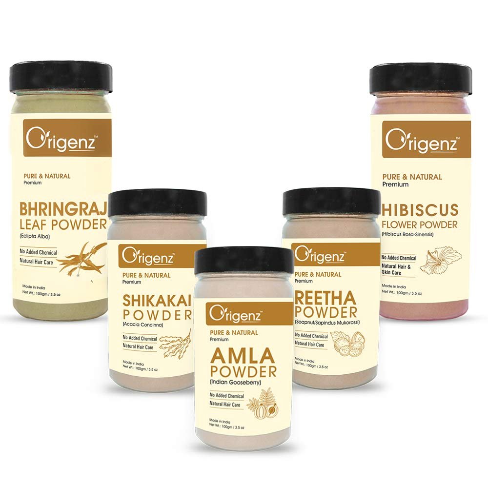 Origenz Hair Care 5 Powders Combo 500gm – Amla Reetha Shikakai Bhringraj Hibiscus Powder Pack for Wash, Healthy Scalp, Nourishment, Mask, Helps to Control Dandruff, Hairfall | Natural Cleanser | In Jar (100 gm X 5)