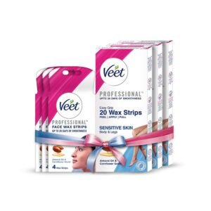 Veet Full Body Waxing Strips Kit – Sensitive Skin, 20 Strips (Pack of 3) with Face Wax Strips, 4 strips (Pack of 3) | Painless, Quick & Gentle Hair Removal