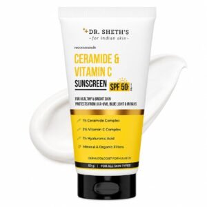 Dr. Sheth’s Ceramide & Vitamin C Sunscreen SPF 50+ PA++++ | Broad Spectrum UVA/UVB Protection | In-Vivo tested | Lightweight | No White Cast | Reduces tan | 50 g