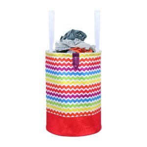 PrettyKrafts 45L Non Woven Wave Printed Round Foldable Large Laundry Bag/Basket With Handle, Freestanding Cloth Storage Organizer for Bedroom, Bathroom, Dorm (36x36x45cm, Multicolour, Set of 1)
