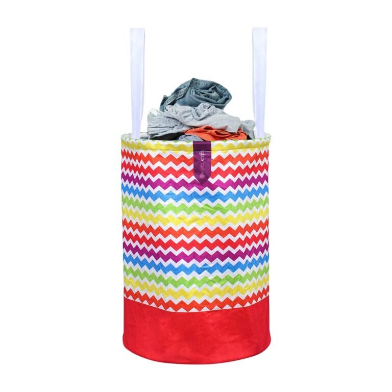 PrettyKrafts 45L Non Woven Wave Printed Round Foldable Large Laundry Bag/Basket With Handle, Freestanding Cloth Storage Organizer for Bedroom, Bathroom, Dorm (36x36x45cm, Multicolour, Set of 1)