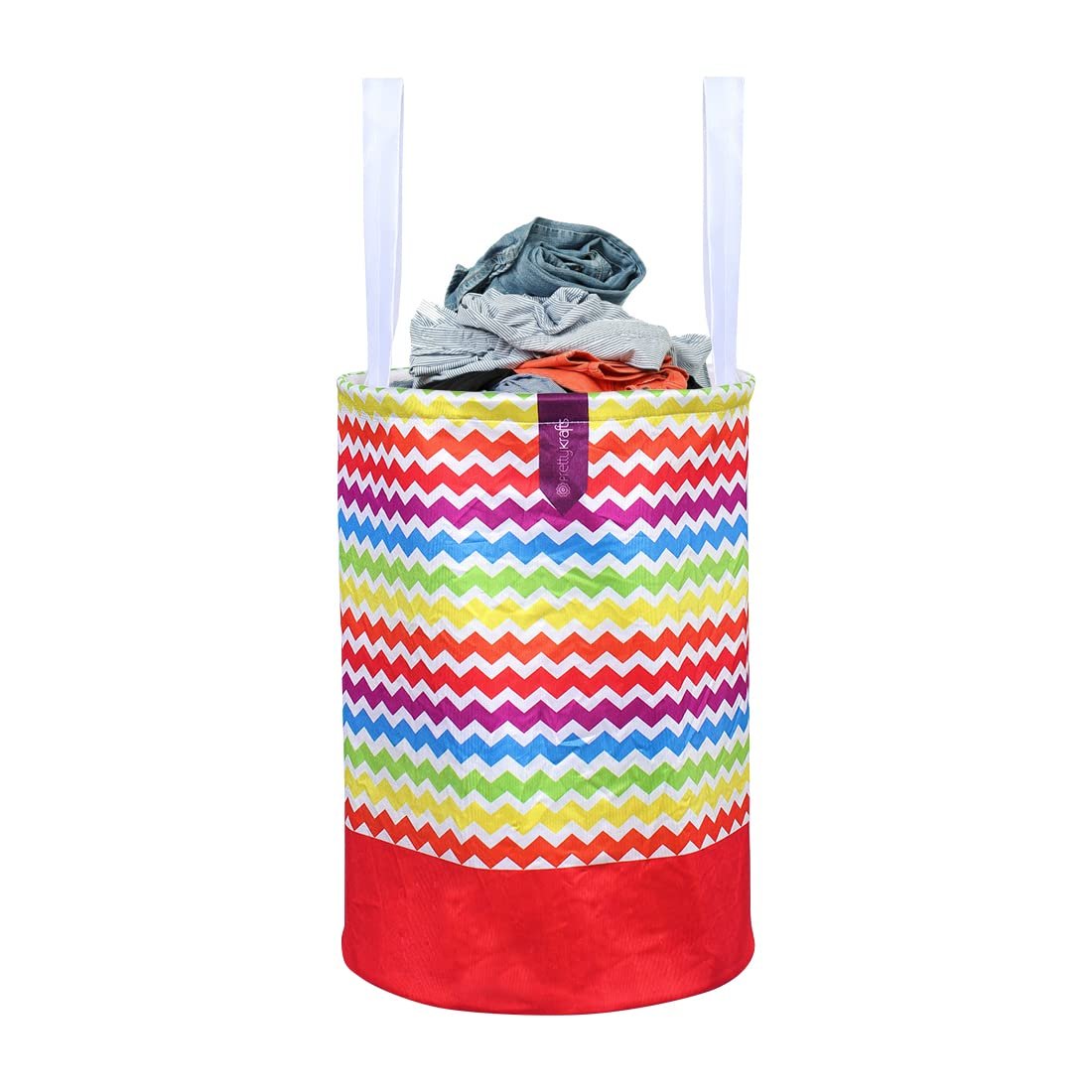 PrettyKrafts 45L Non Woven Wave Printed Round Foldable Large Laundry Bag/Basket With Handle, Freestanding Cloth Storage Organizer for Bedroom, Bathroom, Dorm (36x36x45cm, Multicolour, Set of 1)