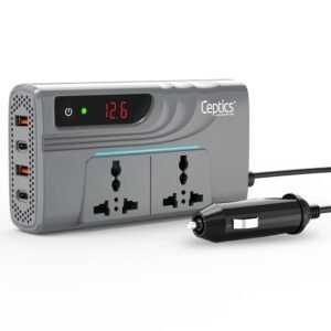 Ceptics 200W Car Power Inverter, Car Laptop Charger with 2 USB-A (3.1A Max) + 2 USB-C (PD 27W) Ports, 12V DC to 220V AC, SmartVoltage™ Technology, 2X Universal AC Outlet, 18 Months Warranty