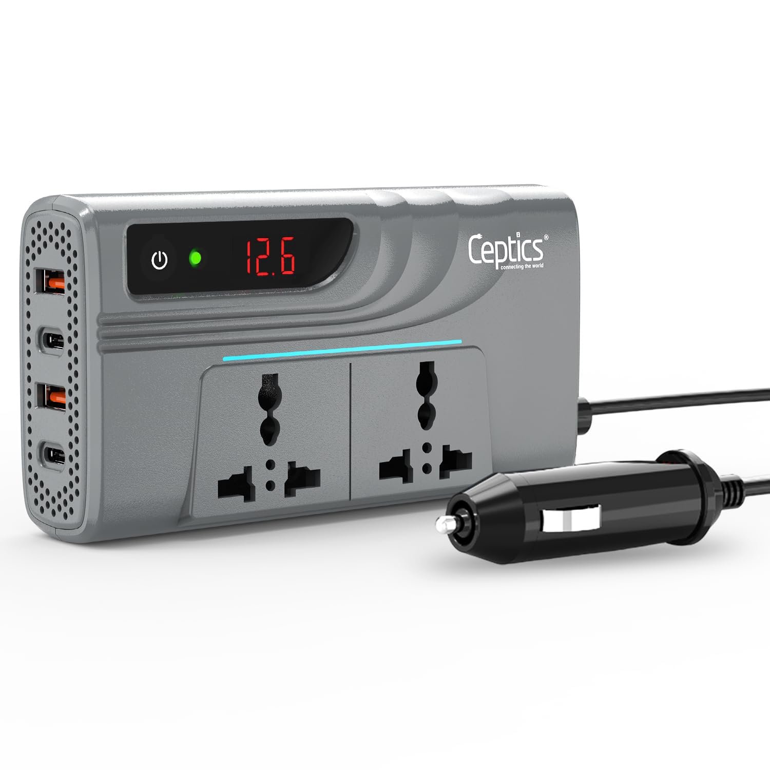 Ceptics 200W Car Power Inverter, Car Laptop Charger with 2 USB-A (3.1A Max) + 2 USB-C (PD 27W) Ports, 12V DC to 220V AC, SmartVoltage™ Technology, 2X Universal AC Outlet, 18 Months Warranty