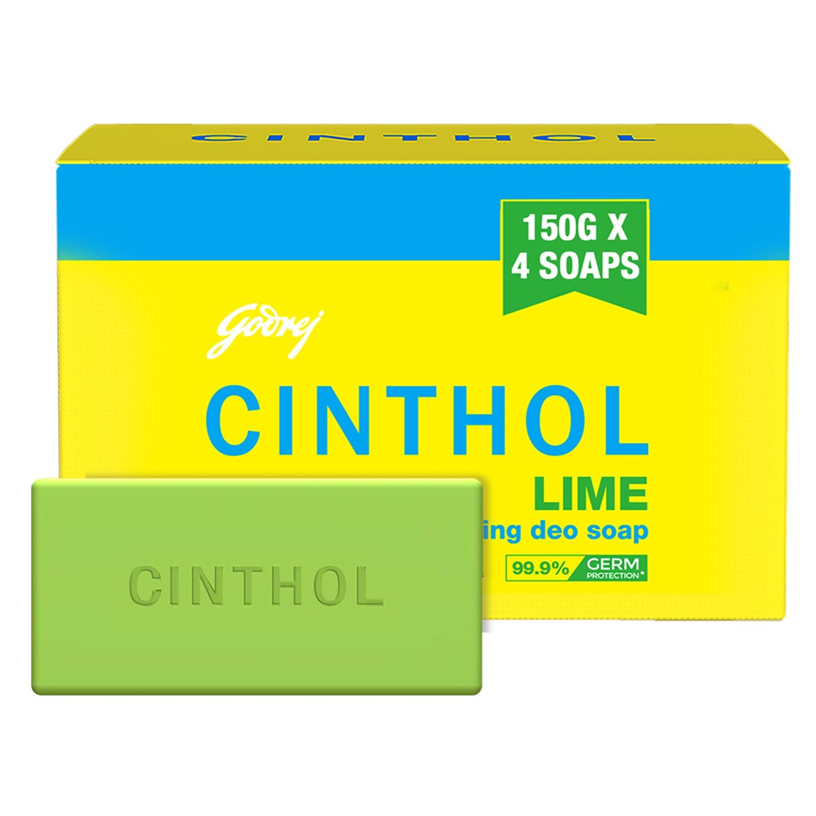 Cinthol Lime Soap, 150g (Pack of4) – 99.9% Germ Protection | Lime Fresh Fragrance | Soaps For Bath Grade 1 Soap | For All Skin Types