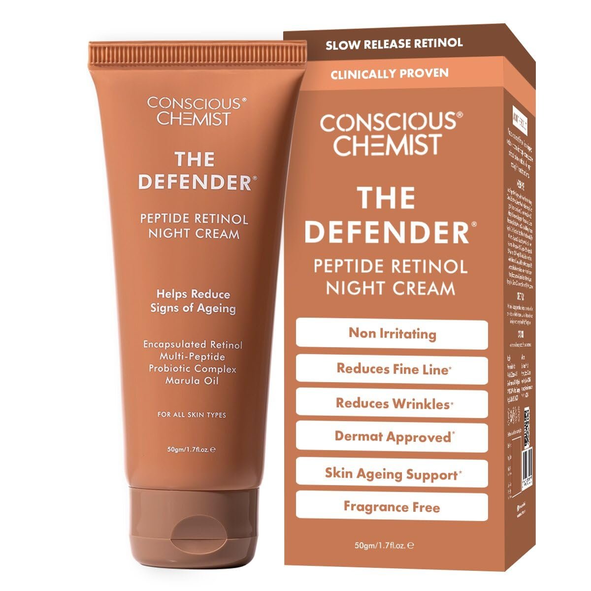 Conscious Chemist 0.2% Retinol Moisturizer Cream | 50g | Pro-Collagen Night Cream For Men & Women, Multi peptide Anti aging Face cream, Reduces Fine lines, Neck lines & Wrinkles, All Skin Types
