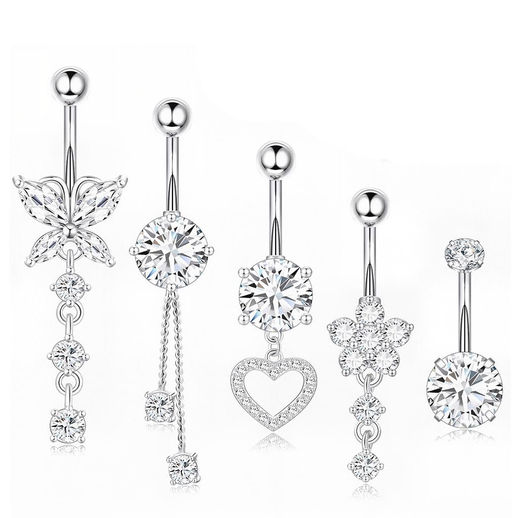 SANNIDHI® Belly Button Rings for Women Heart Flower Butterfly Stainless Steel Dangle Belly Ring Dangling Piercing Jewelry