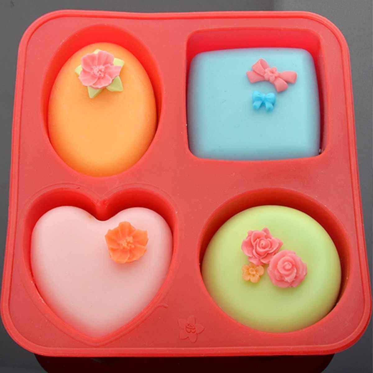 Clazkit Silicone Soap Mold 4-in-1 | Round, Square, Oval & Heart Shape Mould | Multi-Purpose for Soap, Bath Bombs, Candle, Cake & Pastry | Multicolor (Pack of 1)