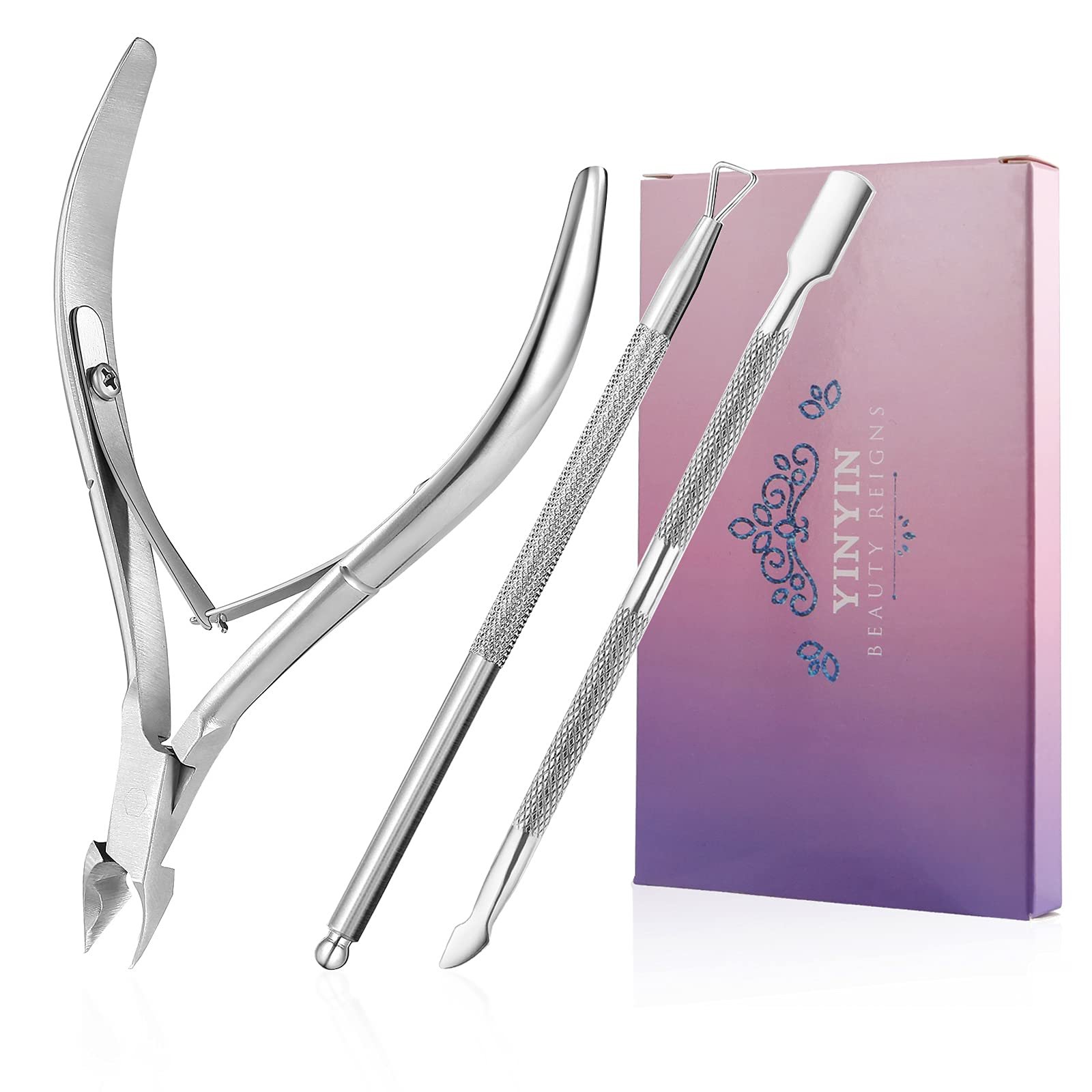 YINYIN Cuticle Trimmer with Cuticle Pusher and Cutter, Professional Stainless Steel Nippers, Cutter Clippers, Cuticle Remover, Pedicure Manicure Tools for Fingernails and Toenails, Sliver.