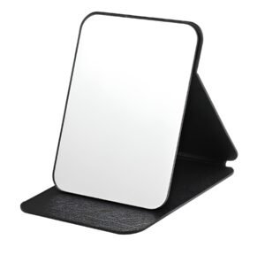 Foldable Makeup Mirror with Stand, Compact Portable Folding Free Standing Travel Vanity Mirror, Frameless PU Leather (Round Edge Black 1 PCS)