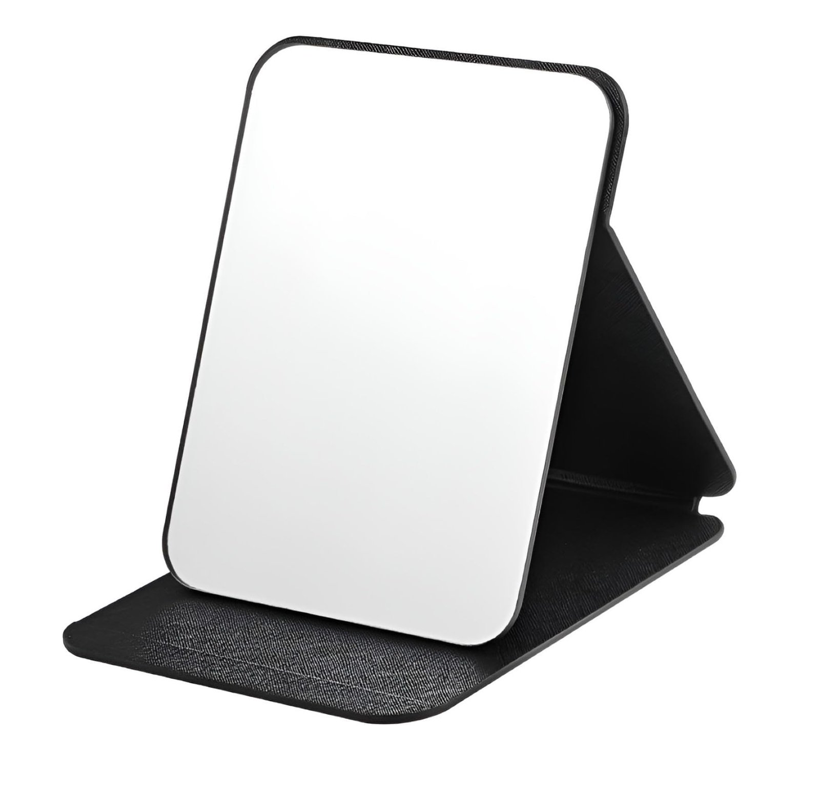 Foldable Makeup Mirror with Stand, Compact Portable Folding Free Standing Travel Vanity Mirror, Frameless PU Leather (Round Edge Black 1 PCS)