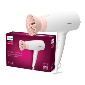Philips Foldable Hair Dryer 1600 Watts| Powerful Salon-like Blow Drying with Less Heat | 3 Heat Settings with Cool Shot (Hot/Cool/Warm) | ThermoProtect Airflower Attachment- Pink | BHD308/30 – White | Perfect Blow Dry & Style for Men and Women | 2 years Warranty