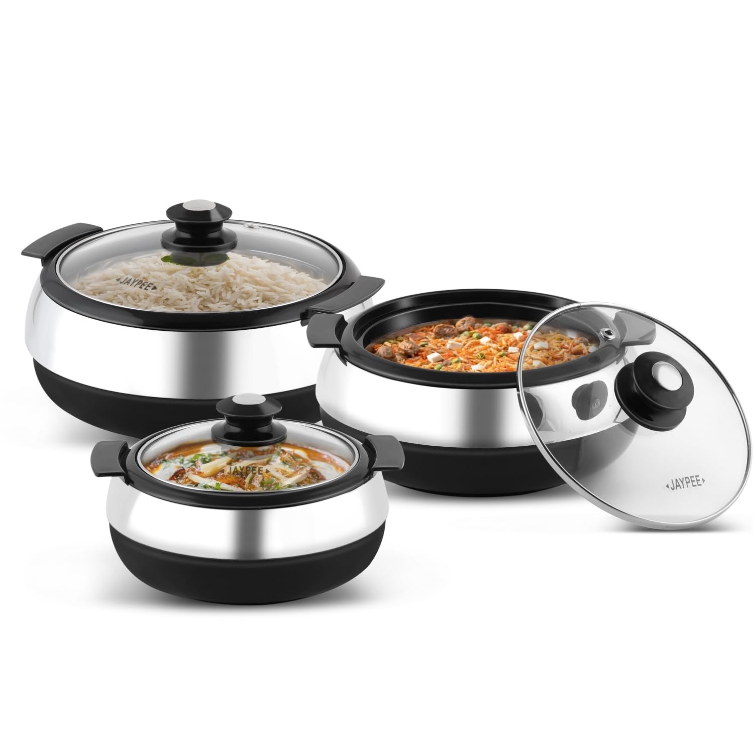 Jaypee Glasserol Serving Casserole Set of 3 Inner Stainless Steel Toughened Glass Lid PUF Insulated Hot Box | Roti Box | Easy to carry | Food Grade | Stackable | 800,1200,1700 ml, Black