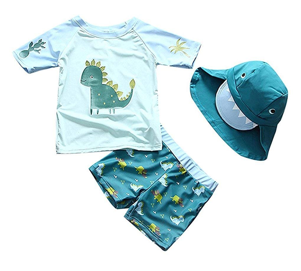 Baby Toddler Boys Two Pieces Swimsuit Set Swimwear Dinosaur Bathing Suit Rash Guards with Hat UPF 50+