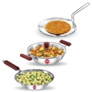 Hawkins Triniti 3 Pieces Triply Stainless Steel Cookware Set 1 – Frying Pan, Tava, Deep-Fry Pan with Glass Lid, Silver (SSET1)