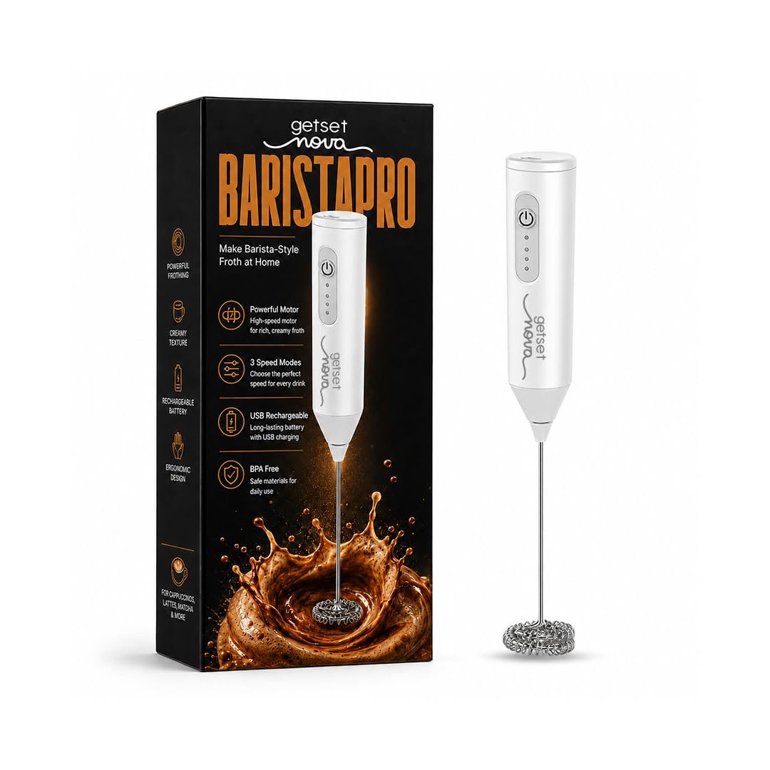 Coffee Frother Electric Rechargeable Coffee Maker Machine for Home Electric Coffee Frother Machine & Milk Whisker with Dual Spring Tech GetSetNova | 1 Year Warranty (White)