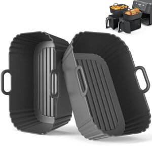 Silicone Air Fryer Liners 2 Pack, Reusable Compatible for Ninja Foodi DZ201, DZ401, DZ550, DZ302, COSORI 9QT, Chefman, Instant, and 6-in-1 8-10QT Dual Baskets