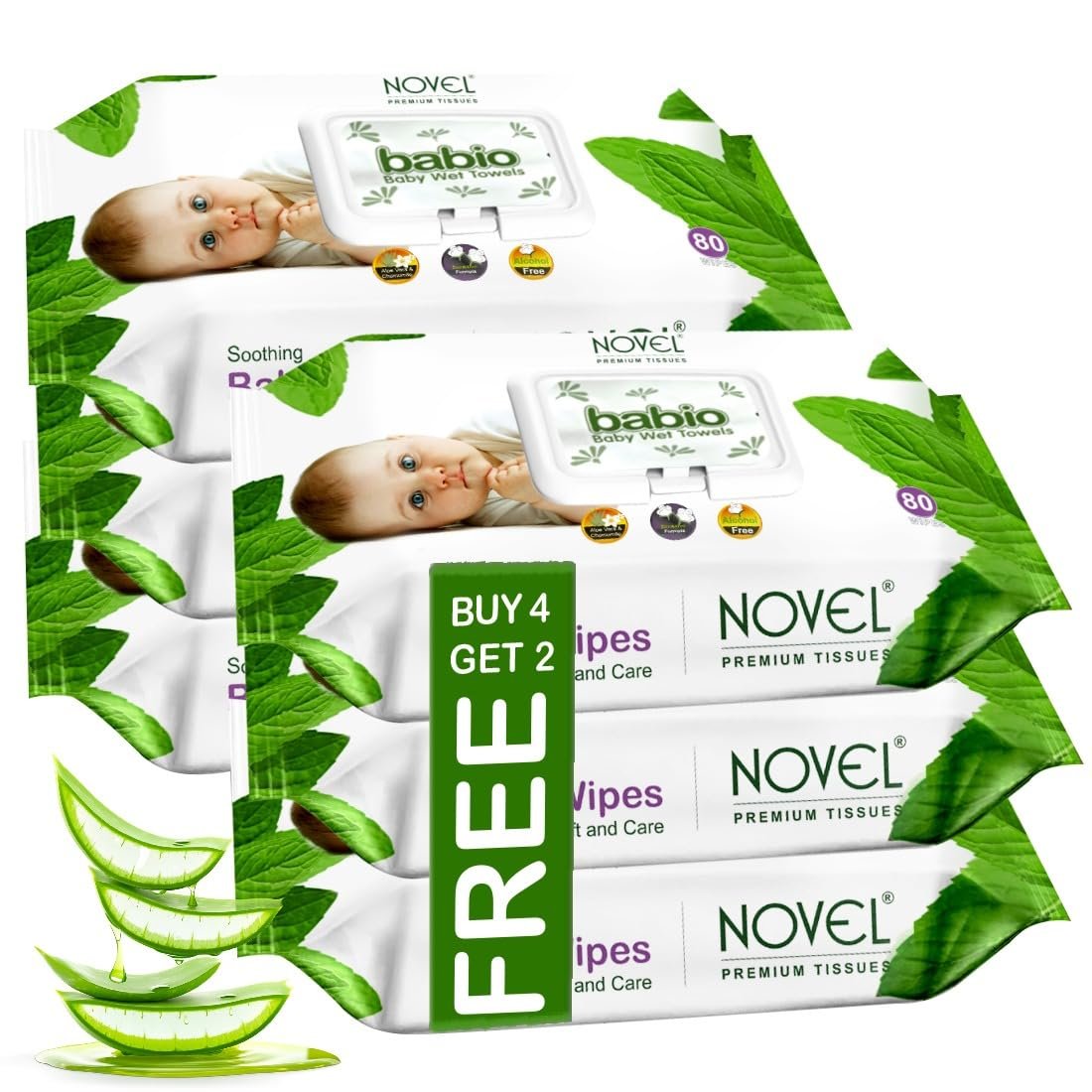 Novel Baby Wet Wipes 80 Wipes x Pack of 6 (480 Wipes) | Aloe Vera, Chamomile, Vitamin E Enriched | pH Balanced, Alcohol, Hypoallergenic & Paraben-Free | Soft Gentle Baby Wipes with Lid