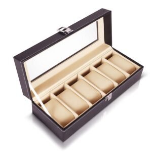 About Space Watch Case Storage Organizer Box Faux Leather Finish and Transparent Glass (Black -6 Slot)