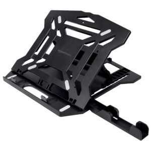 Amazon Basics ABS 2-in-1 Laptop and Mobile Stand, Ergonomic, Adjustable Height, Anti-Slip Base, Heat Dissipation, Portable, Lightweight, Compatible with All Laptops Up to 15.6″ (Black)