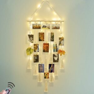 Homecor Hanging Photo Display Wall Decor – Macrame Wall Decor Hanging Remote Fairy Boho Decor with 30 Wood Clips for Photo Collage Frame