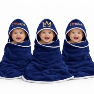 First Kick Baby Blanket Newborn Polar Fleece Hooded Blanket with Premium Embroidery, 200 GSM All-Weather Newborn Wrapper, White Piping Stitch, 24 x 30 Inches, 0-6 Months, Navyblue