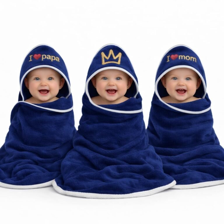 First Kick Baby Blanket Newborn Polar Fleece Hooded Blanket with Premium Embroidery, 200 GSM All-Weather Newborn Wrapper, White Piping Stitch, 24 x 30 Inches, 0-6 Months, Navyblue