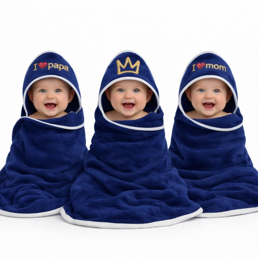 First Kick Baby Blanket Newborn Polar Fleece Hooded Blanket with Premium Embroidery, 200 GSM All-Weather Newborn Wrapper, White Piping Stitch, 24 x 30 Inches, 0-6 Months, Navyblue