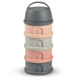 Beaba Formula Container with 4 Stackable and Interchangeable Compartments, Milk Dispenser, 100% Airtight, Large Capacity, Funnel Tip For Pouring Powder With Precision, Evolutive use, Pink/Mineral Grey