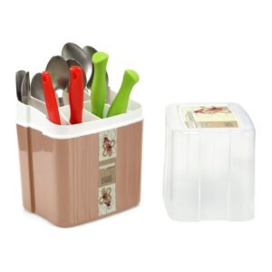 Nayasa Plastic Castle Cutlery Stand | Big | Utensils Holder with Compartments & Drip Tray | Spoon, Fork, Knife & Chopstick Organizer | Tabletop & Kitchen Storage Rack | Brown