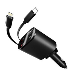 AILKIN 120W High-Speed 4-in-1 Car Charger with Built-in Retractable Cables, Dual USB Ports, Universal Fast Charging for Smartphones & Tablets – Black Colour