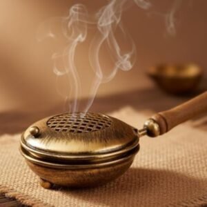 ServDharm Dhoop Dani with Handle | Incense and Loban Burner Dhuni Stand for Home, Office and Temple Pooja | Metal Dhoop Dani Antique Gold, Round, 4.4 Inch |11.4 cm