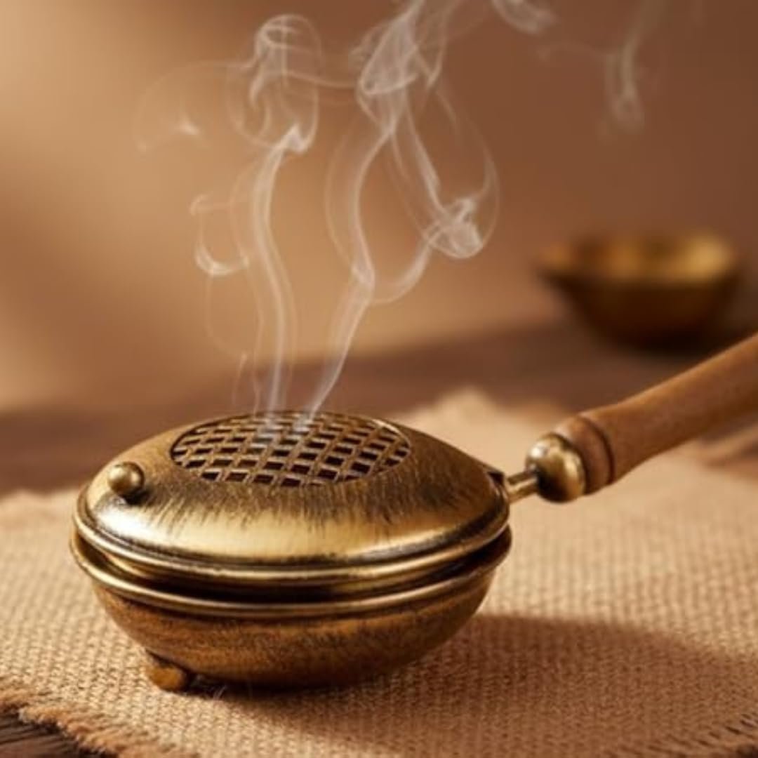 ServDharm Dhoop Dani with Handle | Incense and Loban Burner Dhuni Stand for Home, Office and Temple Pooja | Metal Dhoop Dani Antique Gold, Round, 4.4 Inch |11.4 cm