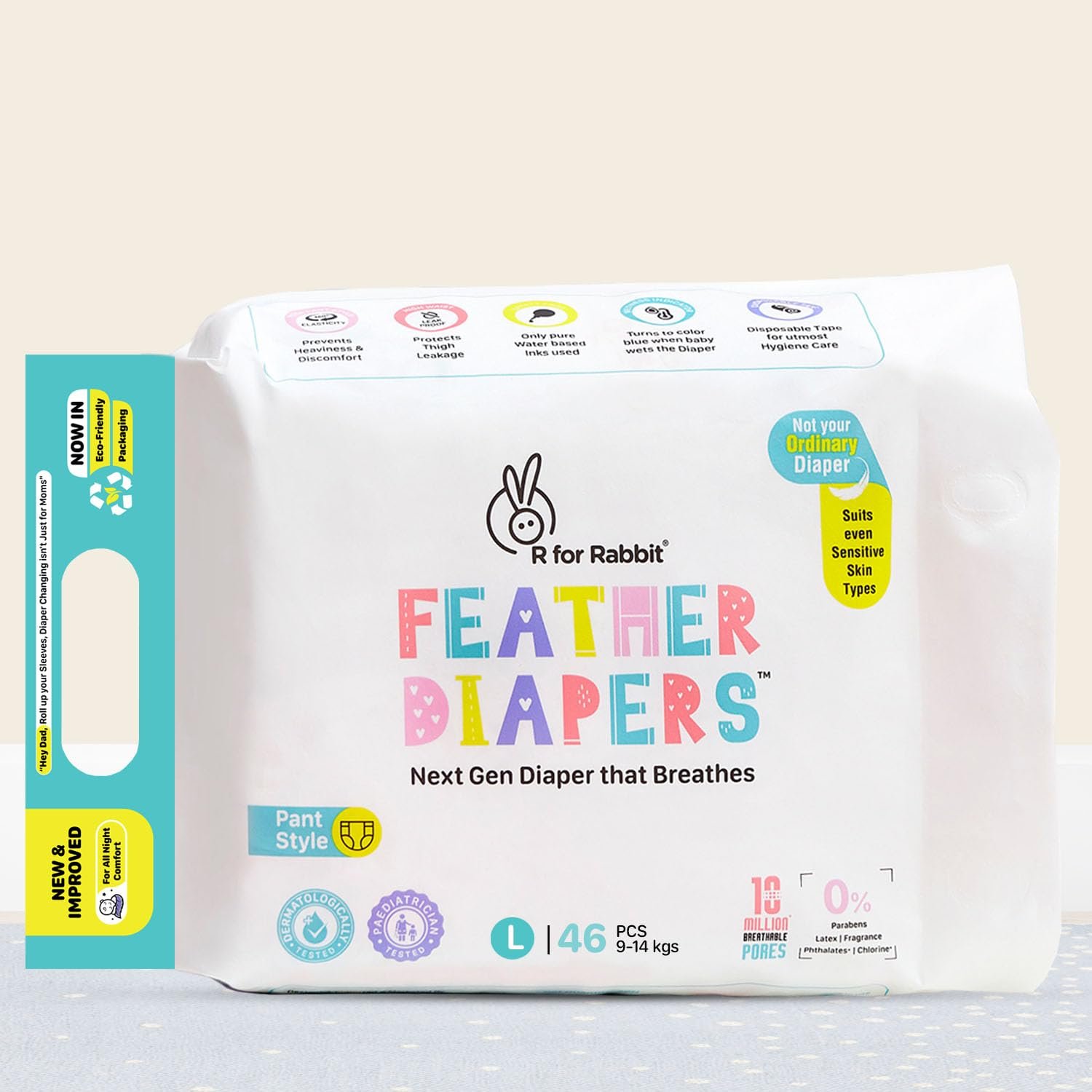R for Rabbit Pant Style Feather Diaper Large (L) Size for Baby 9 to 14 kgs 46 Units (46 Count, Pack Of 1)
