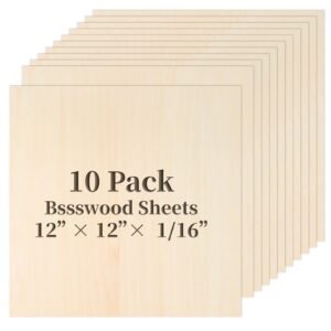 Balsa Wood, Plywood Sheet, Unfinished Basswood Blank, 12×12×1/16 in, 10 Pcs