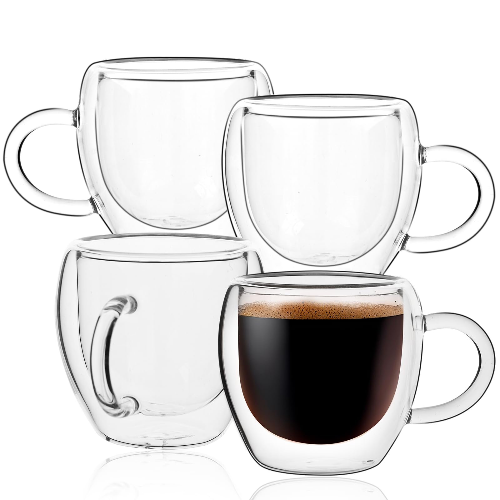 Wells 2.5oz Espresso Cups Set of 4, Borosilicate Glass, Clear, Double Wall Insulated, Espresso Shot Glasses, Espresso Essentials