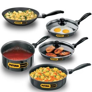 Hawkins Futura 5 Pieces Cookware Set 4 – Non Stick Kadhai, Two Frying Pans, Saucepan, Saute Pan and Two Glass Lids, Black (NSET4)